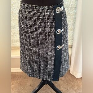 Fabulous Premise Black & White Boucle’ Skirt with Faux Leather & Silver Detail